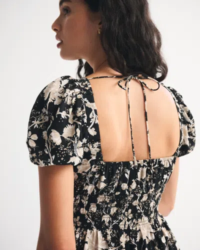 Abercrombie & Fitch Puff Sleeve Smocked Waist Midi Dress In Black