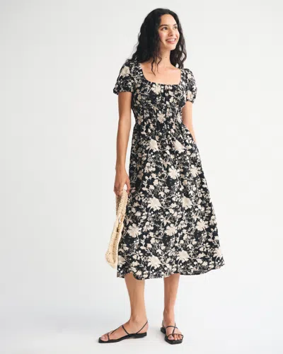 Abercrombie & Fitch Puff Sleeve Smocked Waist Midi Dress In Black