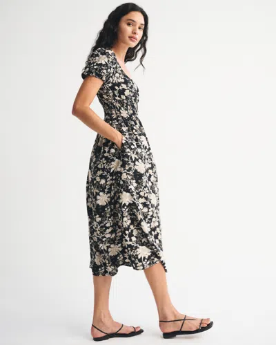 Abercrombie & Fitch Puff Sleeve Smocked Waist Midi Dress In Black