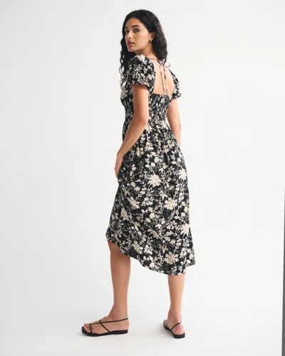 Abercrombie & Fitch Puff Sleeve Smocked Waist Midi Dress In Black