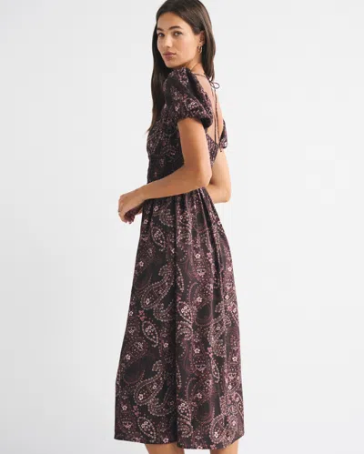 Abercrombie & Fitch Puff Sleeve Smocked Waist Midi Dress In Brown