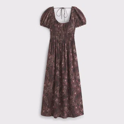 Abercrombie & Fitch Puff Sleeve Smocked Waist Midi Dress In Brown