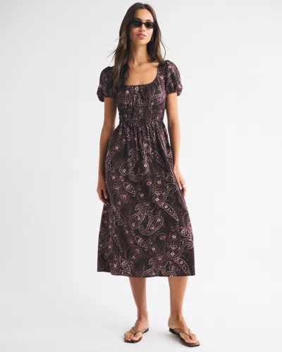 Abercrombie & Fitch Puff Sleeve Smocked Waist Midi Dress In Brown