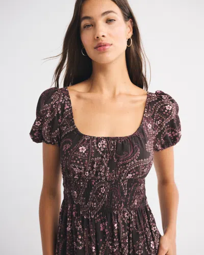 Abercrombie & Fitch Puff Sleeve Smocked Waist Midi Dress In Brown