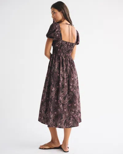 Abercrombie & Fitch Puff Sleeve Smocked Waist Midi Dress In Brown