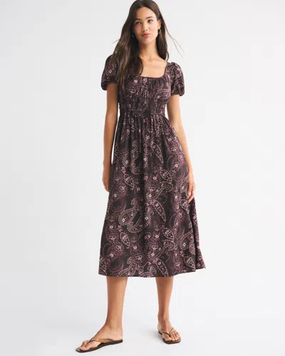 Abercrombie & Fitch Puff Sleeve Smocked Waist Midi Dress In Brown