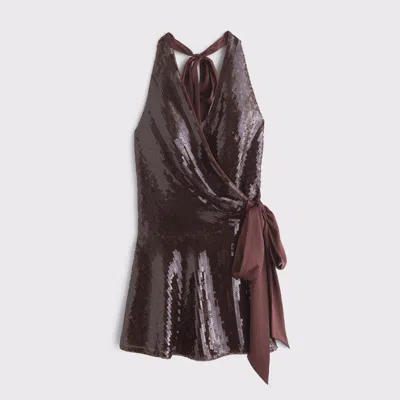 Abercrombie & Fitch Sequin Wrap Mini Dress In Brown