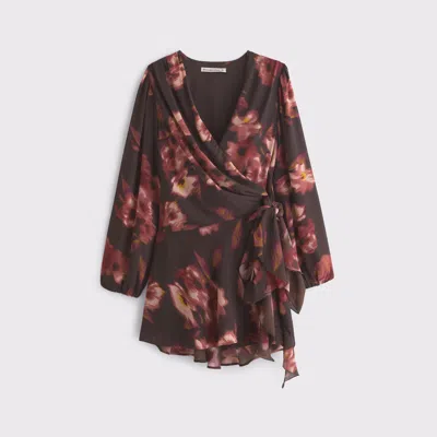 Abercrombie & Fitch Long-sleeve Plunge Wrap Mini Dress In Brown