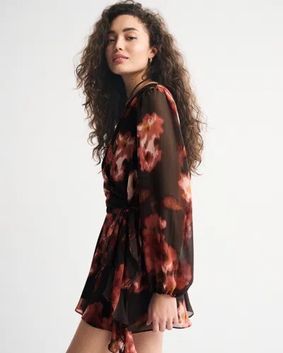 Abercrombie & Fitch Long-sleeve Plunge Wrap Mini Dress In Brown