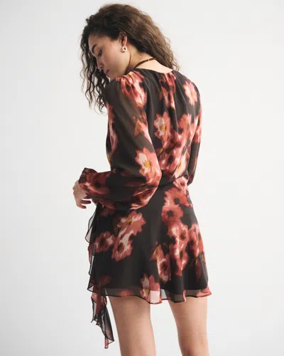 Abercrombie & Fitch Long-sleeve Plunge Wrap Mini Dress In Brown