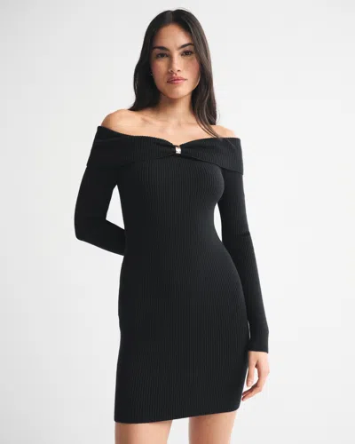 Abercrombie & Fitch Off-the-shoulder Hardware Mini Sweater Dress In Black