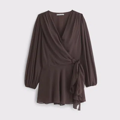 Abercrombie & Fitch Long-sleeve Plunge Wrap Mini Dress In Brown