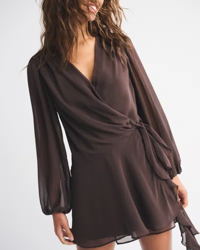 Abercrombie & Fitch Long-sleeve Plunge Wrap Mini Dress In Brown