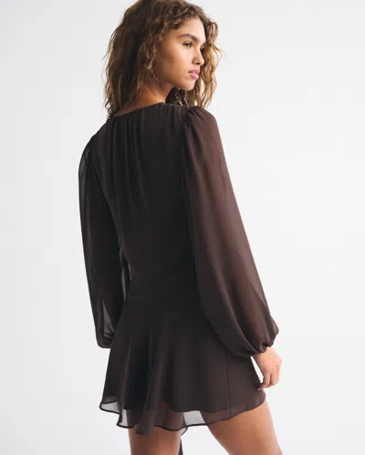 Abercrombie & Fitch Long-sleeve Plunge Wrap Mini Dress In Brown
