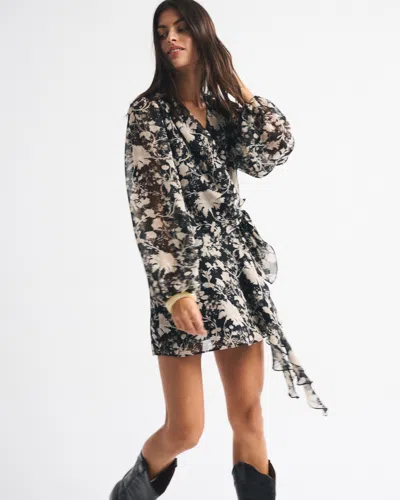 Abercrombie & Fitch Long-sleeve Plunge Wrap Mini Dress In Black