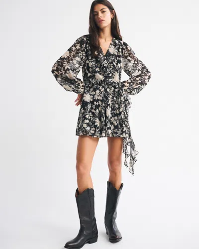 Abercrombie & Fitch Long-sleeve Plunge Wrap Mini Dress In Black