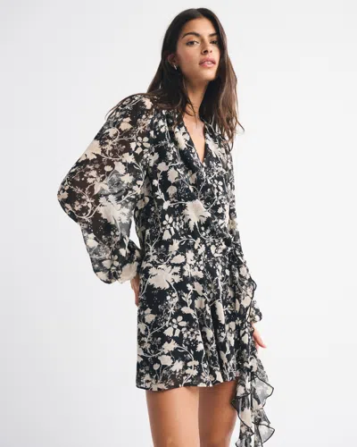 Abercrombie & Fitch Long-sleeve Plunge Wrap Mini Dress In Black