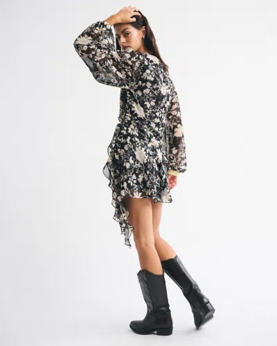 Abercrombie & Fitch Long-sleeve Plunge Wrap Mini Dress In Black