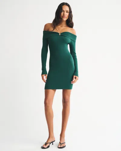 Abercrombie & Fitch Off-the-shoulder Hardware Mini Sweater Dress In Green