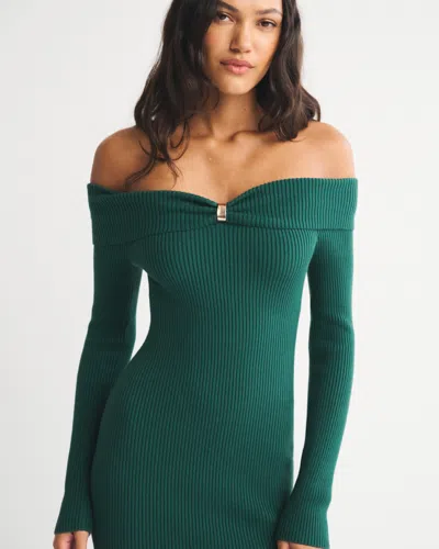 Abercrombie & Fitch Off-the-shoulder Hardware Mini Sweater Dress In Green