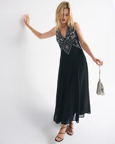 Abercrombie & Fitch Beaded Plunge Maxi Dress In Black