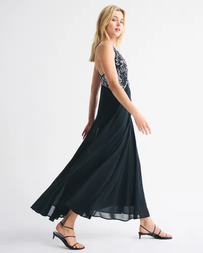 Abercrombie & Fitch Beaded Plunge Maxi Dress In Black