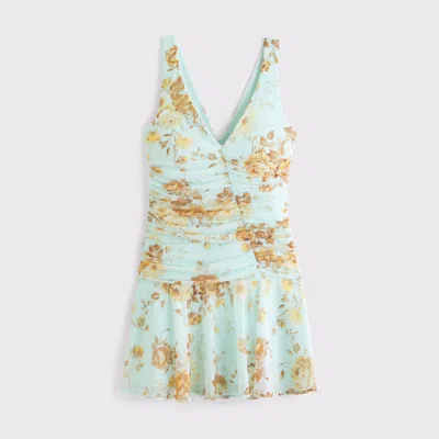 Abercrombie & Fitch Bra-free V-neck Ruched Mesh Mini Dress In Blue