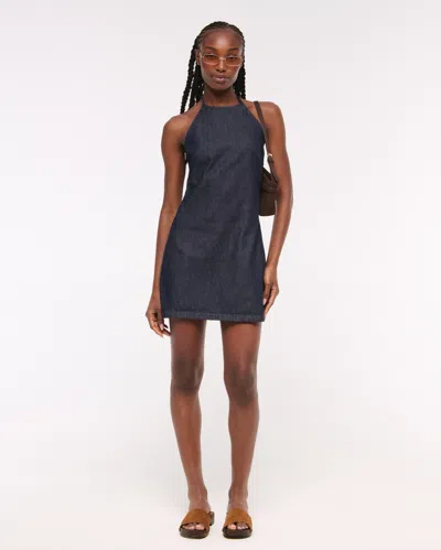 Abercrombie & Fitch Open-back Halter Denim Mini Dress In Blue