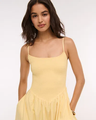 Abercrombie & Fitch Dipped-waist Smocked Midi Dress In Neutral