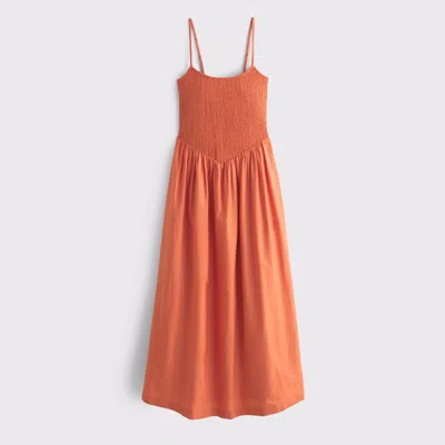 Abercrombie & Fitch Dipped-waist Smocked Midi Dress In Brown
