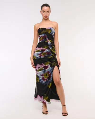 Abercrombie & Fitch Strapless Ruched Mesh Maxi Dress In Black