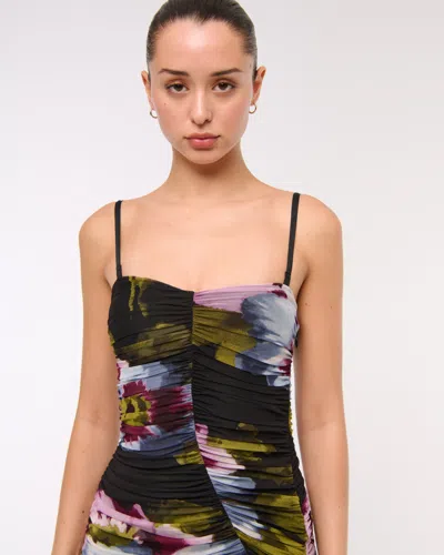 Abercrombie & Fitch Strapless Ruched Mesh Maxi Dress In Black