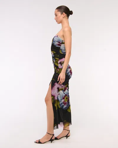 Abercrombie & Fitch Strapless Ruched Mesh Maxi Dress In Black