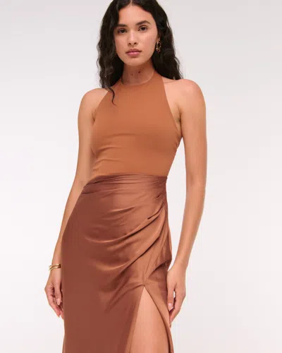Abercrombie & Fitch Halter Mixed Fabric Maxi Dress In Brown