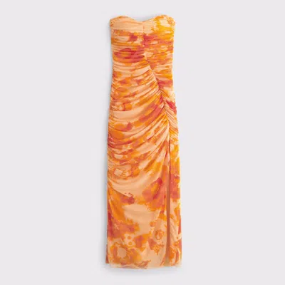 Abercrombie & Fitch Mesh Strapless Ruched Maxi Dress In Orange