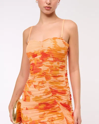 Abercrombie & Fitch Mesh Strapless Ruched Maxi Dress In Orange