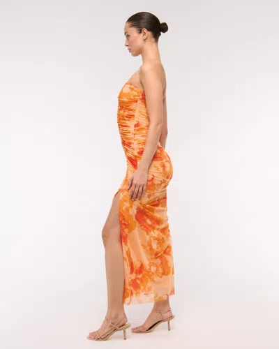 Abercrombie & Fitch Mesh Strapless Ruched Maxi Dress In Orange