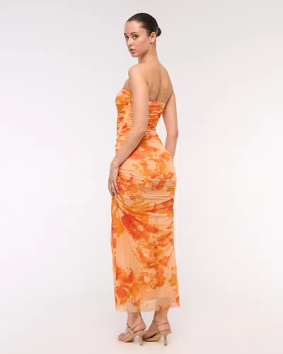 Abercrombie & Fitch Mesh Strapless Ruched Maxi Dress In Orange