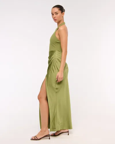 Abercrombie & Fitch Halter Mixed Fabric Maxi Dress In Green