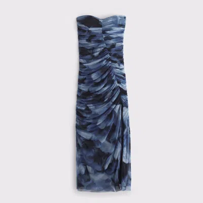 Abercrombie & Fitch Strapless Ruched Mesh Maxi Dress In Blue