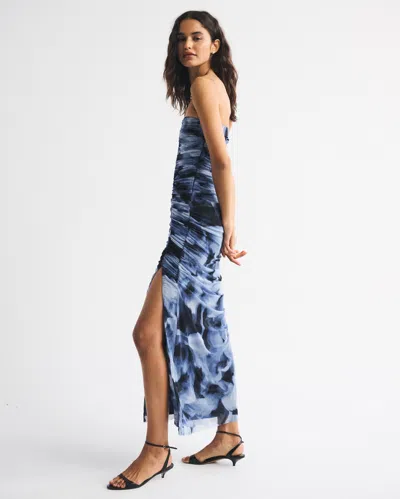 Abercrombie & Fitch Strapless Ruched Mesh Maxi Dress In Blue