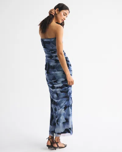 Abercrombie & Fitch Strapless Ruched Mesh Maxi Dress In Blue