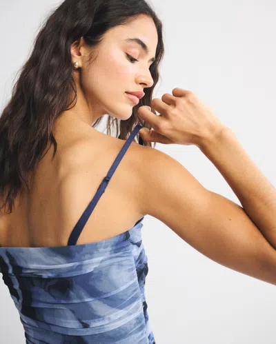 Abercrombie & Fitch Strapless Ruched Mesh Maxi Dress In Blue