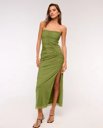 Abercrombie & Fitch Strapless Ruched Mesh Maxi Dress In Green