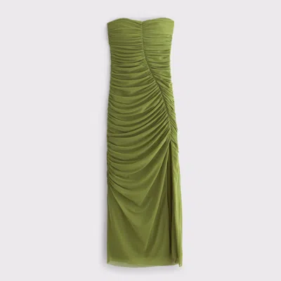 Abercrombie & Fitch Strapless Ruched Mesh Maxi Dress In Green