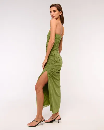 Abercrombie & Fitch Strapless Ruched Mesh Maxi Dress In Green