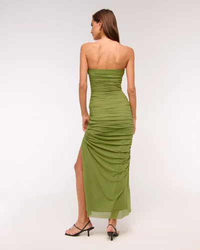 Abercrombie & Fitch Strapless Ruched Mesh Maxi Dress In Green