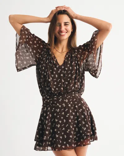 Abercrombie & Fitch Angel Sleeve Sheer Mini Dress In Brown