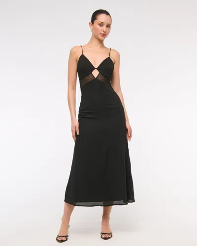 Abercrombie & Fitch Tie-back Sheer Slip Midi Dress In Black