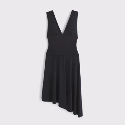 Abercrombie & Fitch Plunge Ruched Knit Midi Dress In Black